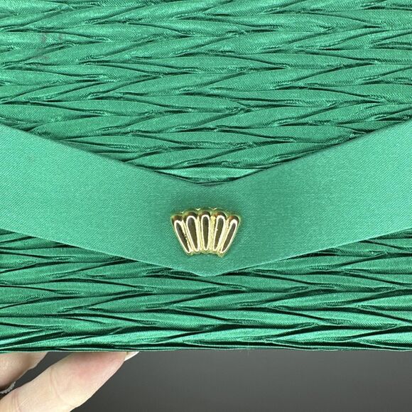 Vintage 50s Walborg Green Satin Evening Clutch with Gold Embellishment Handmade - Picture 4 of 11